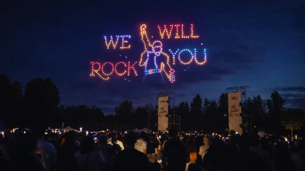 Drone light show forming the message “We Will Rock You” with a dancing figure above a crowd watching at night.