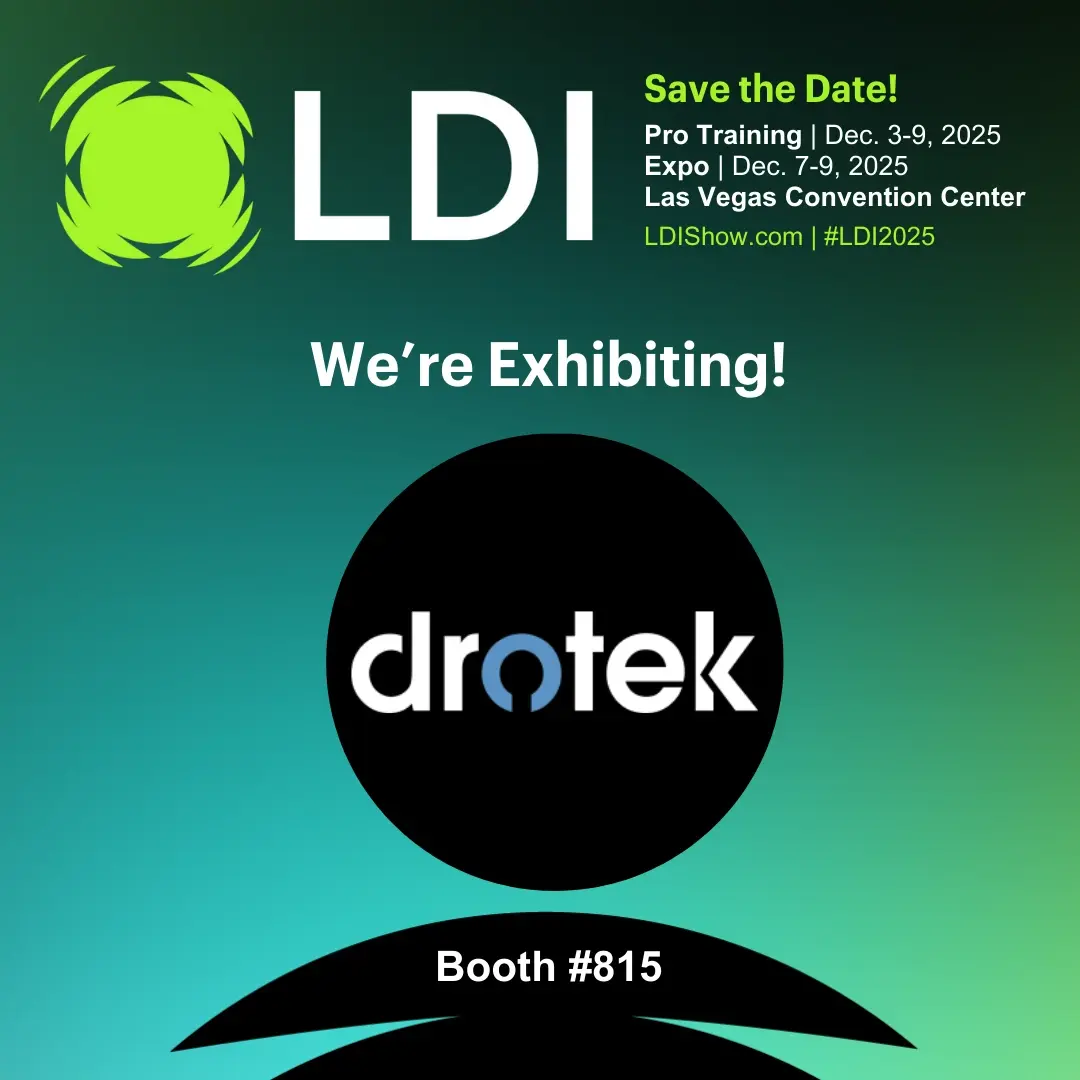 A promotional graphic announcing Drotek’s participation at LDI 2025 in Las Vegas, featuring the LDI logo, event dates, and booth number #815 on a green gradient background.