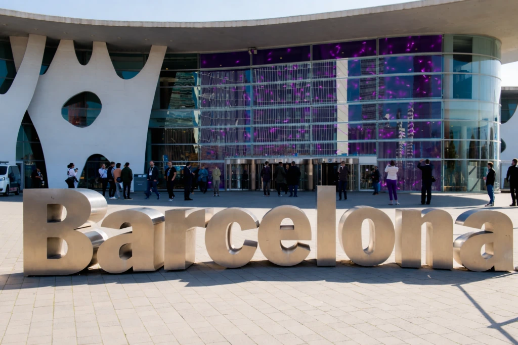 Large “Barcelona” sign in front of a modern glass building at a convention venue, with people gathered outside under a clear sky.